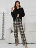 Abbigliamento per il sonno da donna Donne Piajama Set Solid Long Slve Pantaloni a quadri a flusso integrale Panda Stampa 2 pezzi Slpwear Female Nightwear Homwear Cloth Y240426