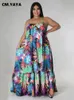 CMYAYA Kobiety Plus Size Autumn Spaghetti Ruffles Hem Loose Maxi Long Floral Leaf Druszcz