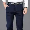 Men's Jeans Autumn and Winter Classic Mens High Waist Business Jeans Dark Blue Straight Elasticity Denim Trousers Male Brand Thick PantsWX