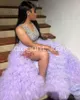 Lilac Purple Princess Evening Ceremony Dresses for Black Girl Plus Size Sparkly Diamond Slit Mermaid Prom Birthday Gala Gown