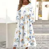 Casual Dresses Vintage Floral Printed Short Sleeve Kne-Length Sundress Women Summer Dress Crew-Neck Beach Holiday Loose Vestidos