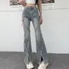 Kvinnors jeans smala fit denimbyxor trendiga hiphop blossade med rippad split hem hög midje knapp stängning stilig för en