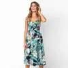 Basic Casual Dresses 2024 summer strap midi dresses women frond leaf print button pockets v neck holiday Vintage beach a line party dress robes Y240429
