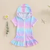 Kız Elbiseler Çocuk Kız Mayo Kapla Yaz Çiçek Meyvesi Baskı Fermuarı Hoodie Cobe Elbise Toddler Plaj Havuz Mayo Takım