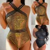 Frauen Badebekleidung Frauen sexy Rückenless One -Stück Bikini Sommer Solid High Neck Verband Front Cross Halfter Badeanzug Urlaub Strand Mode