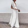 Vestidos casuais polka ponto chiffon verão bohemian praia vestido hollow out flare maxi women v pescoço de retalhos vestidos veno