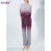 Pantalon de deux pièces pour femmes GGHK Miyake Mode Dégradé Imprimé Plissé 2 Pièces Ensemble Femmes O-Cou Manches Longues T-shirt Et Droite 2024 Printemps