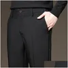 Mens Pants Spring Summer Suit Slim Business Office Elastic Midje Black Grey Classic Korean Byxor Male Plus Size 2738 40 42 Drop Del Dhsoi