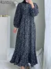 Podstawowe sukienki swobodne Zanzea Women Flower Print Dubai Trkiye Abaya Opaska retro muzułmańska długa sukienka Women Bohemian Islamski odzież Y240429