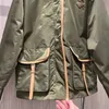 Women's Jackets Designer Workwear large pocket loose cool casual and fashionable military green nylon contrasting leather edge patchwork lapel trench coat