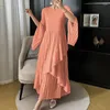 Casual Dresses Miyake Folds 2024 Spring Ruffled Dress Solid Color Plus Size Long kjol