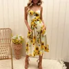 Grundläggande avslappnade klänningar damer retro solklänning sommaren 2024 Boho sexig midi klänningsknapp backless solros blommig fickband strand kvinnliga klänningar kläder y240429