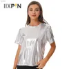 Dames T-shirt Womens Shiny Metal Short Sheeved T-shirt met ronde halslijn en massief kleuren shirt gesneden top gebruikt voor carnaval dance club kostuumeswx