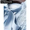 Casual Dresses Ilyboojun Fashion Runway Designer Women's Round Neck Bow Tie Långärmning Vintage Tulle Slim-Fit Stängd midja spetsklänning