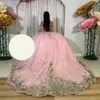 Bow Pink Princess Lace Apliques Misando Tull do ombro Quinceanera vestidos Meninas vestido de baile doce vestidos de 15 Anos