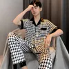 Design Houndstooth pijama masculino Pijama de seda de gelo definido para a juventude Vestir roupas de noite adolescente de manga comprida