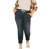 Kvinnors jeans Autumn Denim Trousers Chic Streetwear High midjebyxor med smal passform elasticitet snörningsfickor för mode