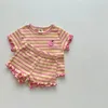 Sommer Baby Striped Short Sleeve Cloding Set Girl Ohrkante 2 Stücke Anzug Kinder Traubenmuster Kleidungsstücke 240426