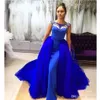 Royal Blue Mermaid mit abnehmbarem Zug Langer Perlen Juwel Hals formelle Kleider Abend Party Kleidung Vestidos de fiesta 0430