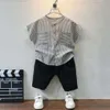 Summer Boys Set Childrens Clothing 2023 Korean Handsome Baby Short Sleeve 29 Year Old Cotton Linen Toddler Kids Two Piece 240430