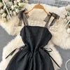 Robes décontractées Femmes Sweet White Robe Mesh Bowknot Spaghetti Spaghetti A-Line Murffon Vestido Lace Up Slim Lady Black Party