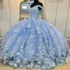 Quinceanera Sky Sans manches robes bleues Crystal Robe de bal à paillettes sur l'épaule 3D Fleurs Tull Corset Vestidos para xv 15