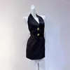 Sıradan elbiseler vintage seksi v yaka açık arka yular kısa elbise ince fit Fransızca zarif siyah pembe mini moda partisi 2024 yaz