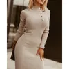 Vestidos casuais 2024 Autumn Winter Women's Solid Color Turtleneck Button Button Rib Dress Sweater