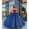 Azul marino blue tal talla plus arabia quinceanera vestidos de espagueti tiras 3d apliques florales vestidos de noche formales dulces 16 vestidos 0430