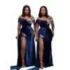 Taille Bridesmaid Plus Veet Sirène robes sur l'épaule Blue Royal Split Sier Lace Crystal Backless Party Mariage Gowns Gowns Maid of Honor Robe 403