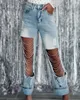 Jeans femininos no início da primavera Big Hole Chain Chain Straight pernas calças personalizadas Lavagem de rua Moda de jeans fêmea feminina