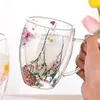 Şarap Gözlükleri Çiçek Kabuklu Flaş Çift Duvar Cam Bardak Çay Kahve Kahve Kahve Kahve Yüksek Borosilikat El Hediyesi Güzellik ve Yaratıcı Ev