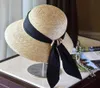 Palha cloche para mulheres UPF50 Sun Black Ribbon Nó de largura Bucket Summer Summer Beach Cap Hat T2006022326750