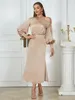 Casual Dresses Fashion Elegant Khaki Long Puff Sleeve Women Maxi Sexiga knappar En axel Satin Runway Födelsedagar Festklänning