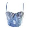 Frauen Tanks Frauen Sommer Denim Bodycon Crop Top mit BH zum Abnutzen der High Street Crystal Diamonds Tassel Club Party Bustier Camisole Tops