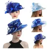 Wide Brim Hats Bucket Hats Blue Satin Cloth Church Hat Deluxe Elegant Photography Hat Beauty Fancy Formal Flower Fascinator Top Hat for Women Ladies Sequin Y240426