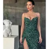 Spaghetti Green Elegant Dark Sequins Dresses Prom Sheath Party Evening Gowns Slit Formal Long Special Ocn Dress