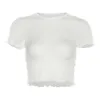 2024 Sommermodentrend für den neuen runden Hals von Frauen kurzärmeligem Garngitter offener Navel Navel Slim Fit Vielseitiges T-Shirt F43015