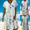 Lässige Kleider Mode Frauen Sommer floral bedruckt V-Ausschnitt Kurzarm Party Kleid Female Elegant Vintage Bohemian Long