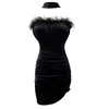 Casual Dresses Christmas Spicy Girl Neck Hanging Strap Dress Women Wool Splice Wrapped Chest Velvet Pleated Fashion Slim Solid Winter Lady