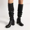 Boots Fashion Autumn Winter High for Women Pecked Black White Knee Boot Female Medium Heel Party Shoes Ladies Bekväma