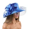 Wide Brim Hats Bucket Hats Blue Satin Cloth Church Hat Deluxe Elegant Photography Hat Beauty Fancy Formal Flower Fascinator Top Hat for Women Ladies Sequin Y240426