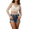 Women's Blouses vrouwen glanzende parels strass Rhinestones lange mouw crop tops round nek pure mesh zie door slanke fit t-shirt jumper