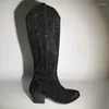 Stövlar enda tillverkare kvinnor pekade tå svart strass knä hög västerländsk cowgirl glitter glänsande block häl lady booties