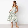 Basic Casual Dresses 2024 summer strap midi dresses women frond leaf print button pockets v neck holiday Vintage beach a line party dress robes Y240429