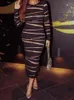 カジュアルドレスバンニヴァイホウストライプメッシュミディドレス女性エレガントな黒い長袖セーターローブファッションニットウェア