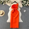 Sukienki zwykłe Ubranie seksowna kwiat midi sukienka nachylone ramię asymetryczne obroże bez rękawów bez pleców pomarańczowe impreza vestido QC586