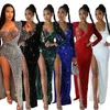 Lässige Kleider Feste Farbe sexy Schlitzpartykleid mit Bodysuit zweiteiliger Anzug Langarmer Clubkleider Weihnachtsjahr Kleidung