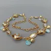 Kkgem Natural Blue Larimar Chips Perles Natural Cultured White Biwa Pearl Pave Gold Plated Chain Long Collier 30 240428