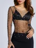 Women's Blouses vrouwen glanzende parels strass Rhinestones lange mouw crop tops round nek pure mesh zie door slanke fit t-shirt jumper